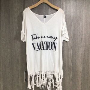 SHEIN White Fringe V-Neck Tunic with Navy Text